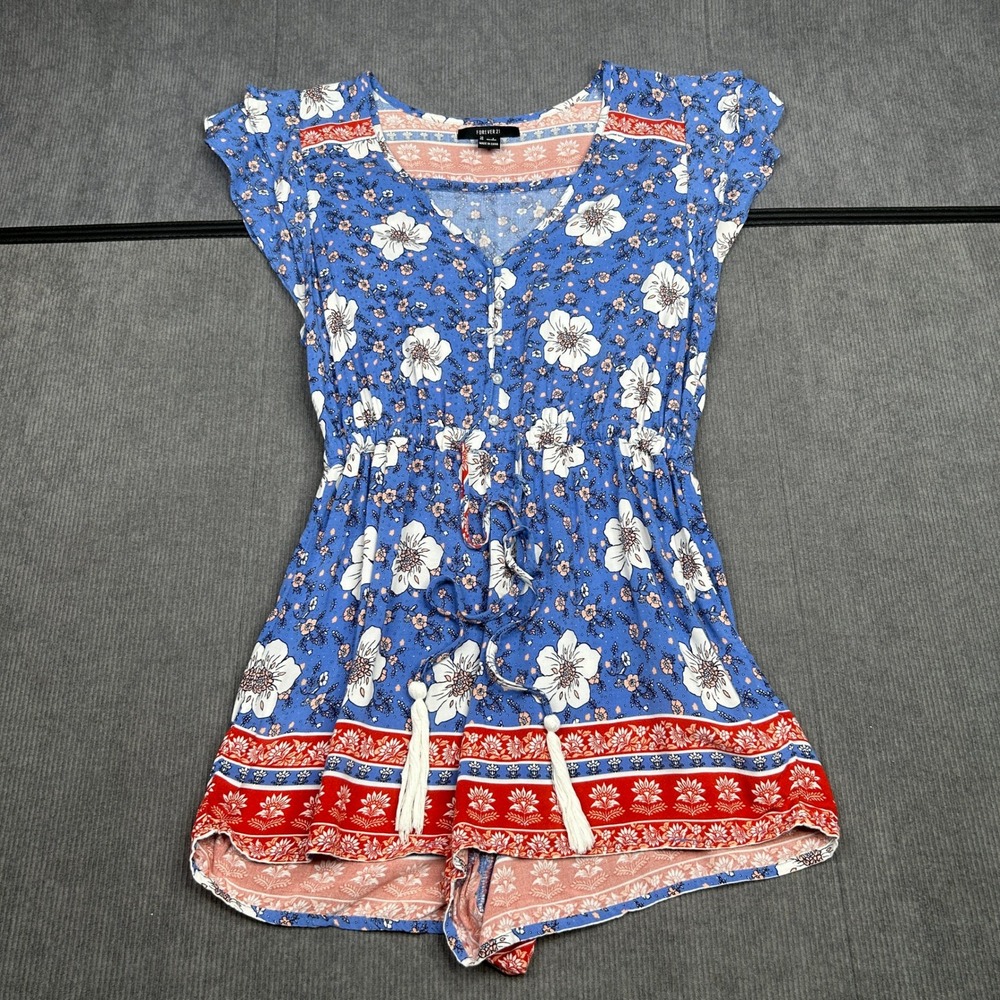 Forever 21 Y2k Floral Romper Blue Red White Flutter Sleeve Tassel Waist Small